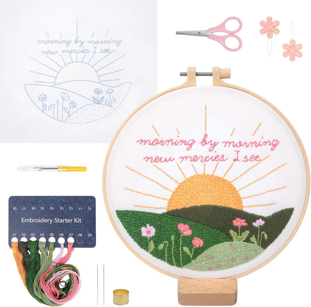 Christian Embroidery Kit for Beginners – New Morning Mercies Full Hoop Set with Needles, Threads & Instructions, Easy DIY Craft for Adults